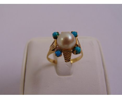 Gold, pearl and turquoise ring, gold tested 18ct, approx total weight 4.4g