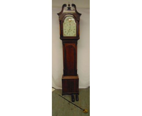 An early 19th century longcase clock with painted white enamel dial, moon phase, two train movement, the detachable hood with