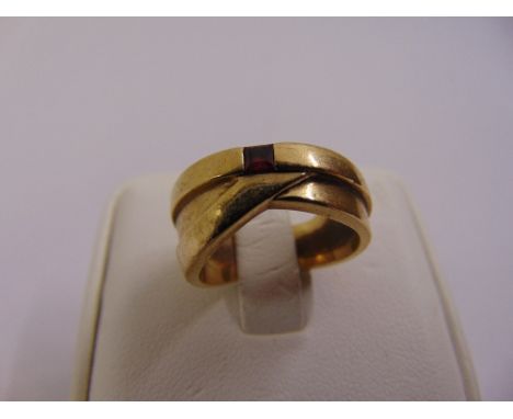 9ct yellow gold crossover ring set with a square cut ruby, approx total weight 9.5g