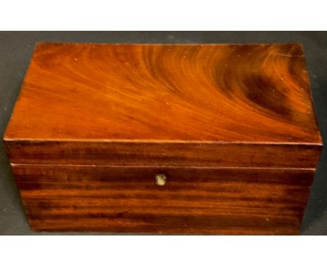 A George IV mahogany rectangular tea caddy, hinged cover enclosing a pair of lidded compartments, c.1825 