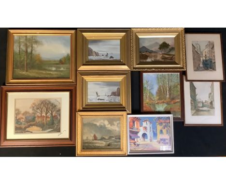 HG HewisA Pair, Seascapessigned, dated 1909, oils on board; other prints and pictures; nieve school, seascape, quiet bridge; 