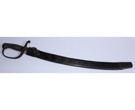 A 19th century Constabulary sword, 56.5cm curved fullered blade, regulation brass stirrup hilt, wire-bound shagreen grip, lea