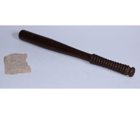 Police History - a documented World War I Special Constable's truncheon, stamped HCC, ring-turned grip, 42.5cm long, c.1914Pr