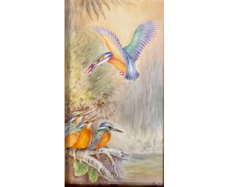 A hand painted porcelain panel decorated by Ray Poole, signed, A Kingfisher feeding their young, 22cm x 12cm 