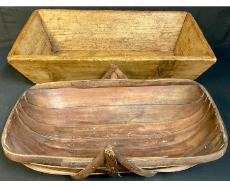 A 19th century pine dough trough, 77cm long; a garden trug (2) 