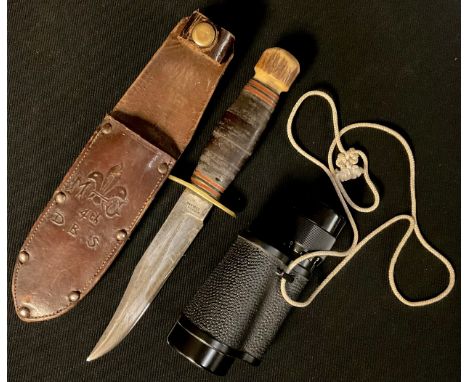 A Boy Scout's knife, 4th DBS, leather scabbard; a USSR MN8x30 monocular, number 7604836 (2) 