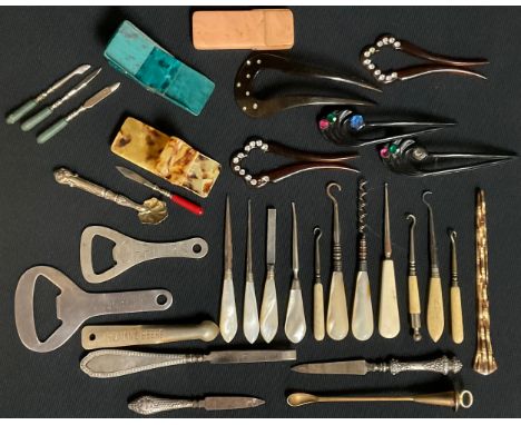 Boxes and Objects - mother of pearl and silver hafted manicure tools; hair combs; advertising bottle openers, etc 