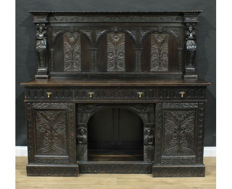 A 17th century style dog kennel sideboard, the back carved and applied with figural pilasters, the base with three drawers an