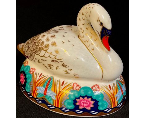 A Royal Crown Derby paperweight, Swan, gold stopper, printed mark, first quality 