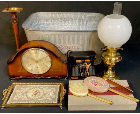 A galvanized two handled tub, advertising 'Beatty'; a mid 20th century Tempura mantel clock; Tecnar binoculars; oil lamp, etc