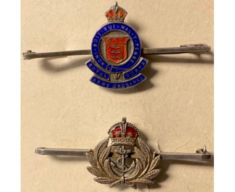 A Sterling silver and enamel Royal Army Ordnance Corps brooch; another, Royal Navy 