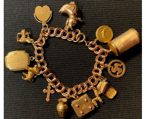 A 9ct rose gold double curb link charm bracelet, suspended with assorted charms including poodle, bull, box with hinged cover