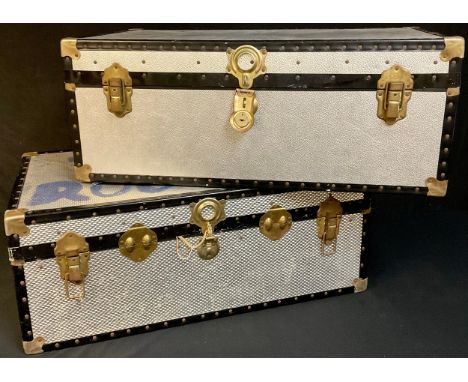 A large metal steamer trunk, 90cm long; another (2) 