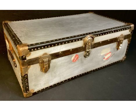 An aluminium Steamer Trunk, with Cunard and other paper labels, 90cm wide, early 20th century 