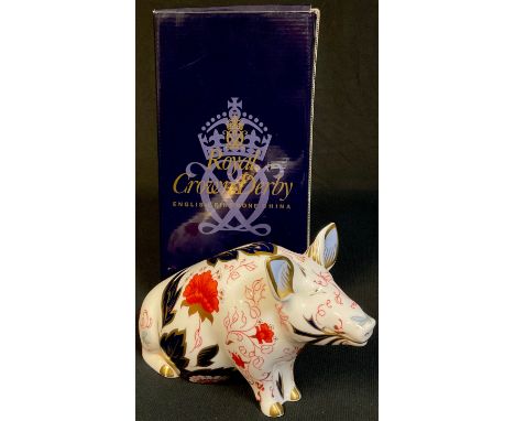 A Royal Crown Derby Pig Money Box, decorated in the Imari palette, gold stopper, first quality, 18cm wide, 12cm high, boxed 