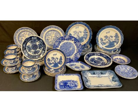 A Booth's Real Old Willow dinner and tea service for six; other blue and white table ware including Spode's Trophies, etc, qt