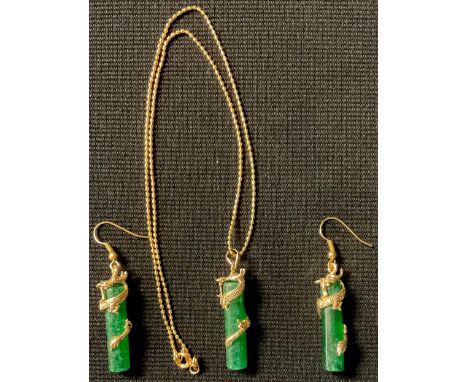 A pair of Chinese Jade dragon earrings and necklace set 