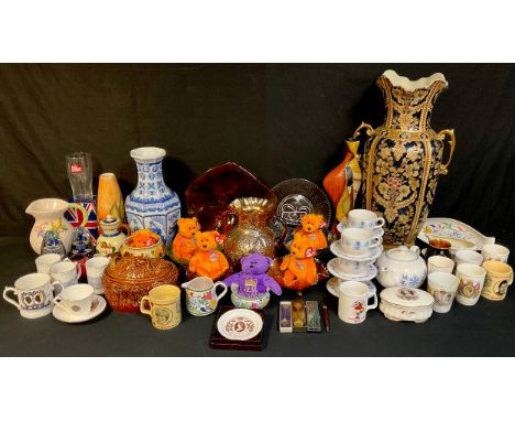 Ceramics and Glass - a Japanese export ware floor standing vase; royal commemorative mugs and Ty Beenie Bears; Carnival glass