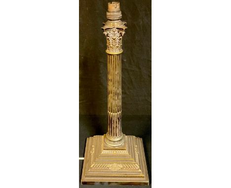 A mid 20th century plated corinthium column table lamp, stepped base, 44cm high 