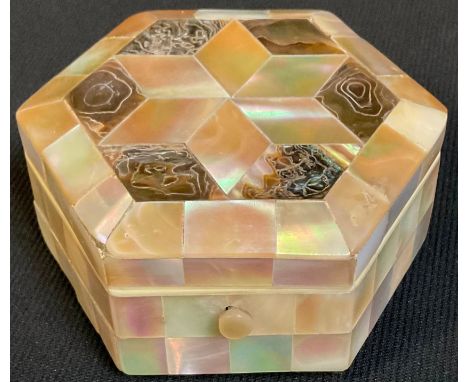 A 19th century mother of pearl and abalone hexagonal casket 