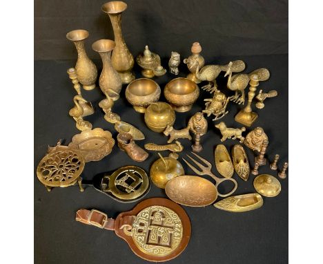 Copper and Brassware - assorted vases, peacock models, masonic compass horse brass, miniature candlesticks, etc 