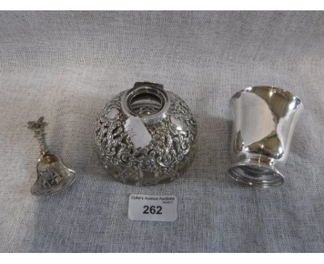 A PIERCED AND REPOUSSE SILVER MOUNTED CUT-GLASS INKWELL (lid missing), a silver Windmill   caddy spoon and a Continental silv