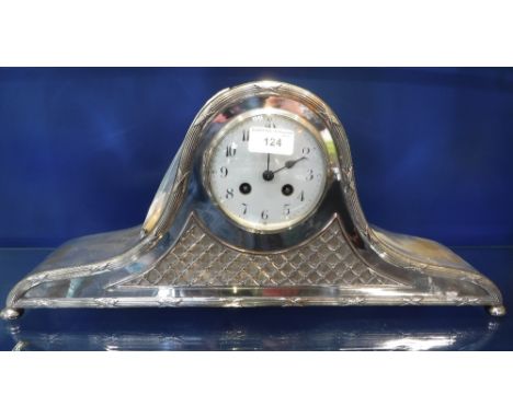 A SILVERPLATED 'NAPOLEON HAT' STYLE MANTEL CLOCK with circular enamel dial and two-train movement