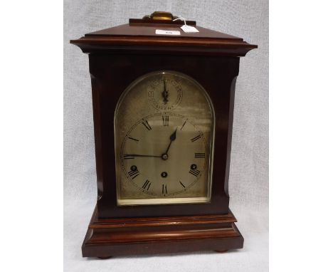 AN EDWARDIAN MAHOGANY CASED BRACKET CLOCK with silvered dial (key and pendulum in office) 
