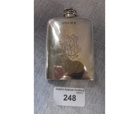 A BIRMINGHAM SILVER SMALL SCALE HIP SHAPED SPIRIT FLASK with engraved monogram