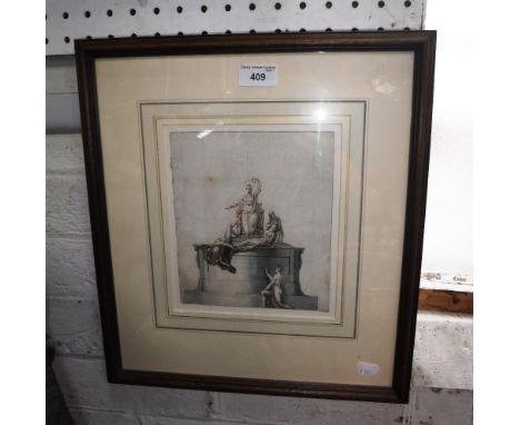 A 19TH CENTURY ARCHITECTURAL DRAWING OF A FIGURAL SCULPTURAL MONUMENT, squared up for enlargement
