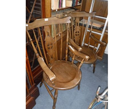 A PAIR OF ELM AND BEECH STICK-BACK ARMCHAIRS 