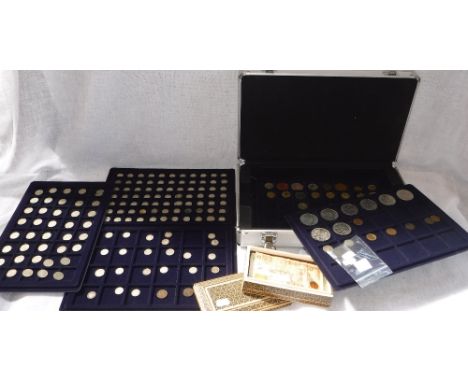 A METAL CASE fitted with coin trays containing a collection of silver Threepences, Sixpences and other various coins, a Victo