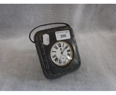 A LARGE WHITE METAL CASED RAILWAY STYLE 'GOLIATH' POCKET WATCH, in an easel-back leather and silver mounted case, to form a t