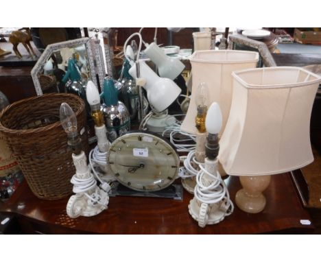 VARIOUS TABLE LAMPS, a 1950's mantel clock and other items