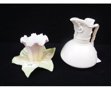 A ROYAL CHINA WORKS WORCESTER PORCELAIN VASE in the form of a daffodil and a Royal Worcester porcelain Art Nouveau style jug 