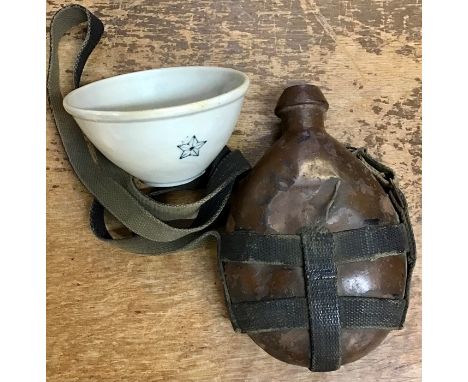 WW2 Japanese Army water bottle original strap & stopper with Japanese Army issued rice bowl. 