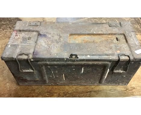 Original British Military Metal Ammunition Box stamped 1943, P59 II MMOR, still with both hook over securing clasps, side han