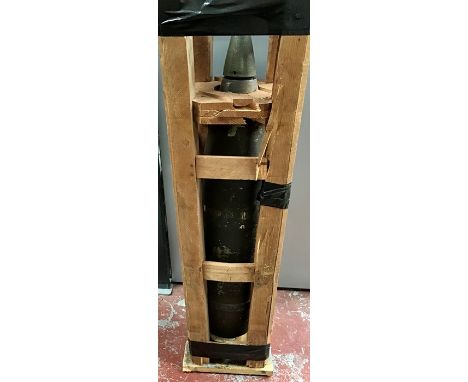 German WW2 150mm Artillery shell and impact fuse in transport cradle. 32” x 9” x 9”. (Very heavy item)