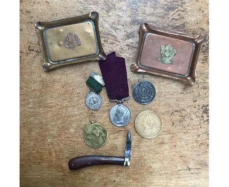 Military collection of framed R.A.O.C cap badges, a O.T.C swagger stick (cracks to metal cap), a reproduction Army Long Servi