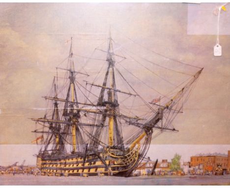 HMS VICTORY PRINT. Unusual framed print on board of HMS Victory, 49 x 38 cm
