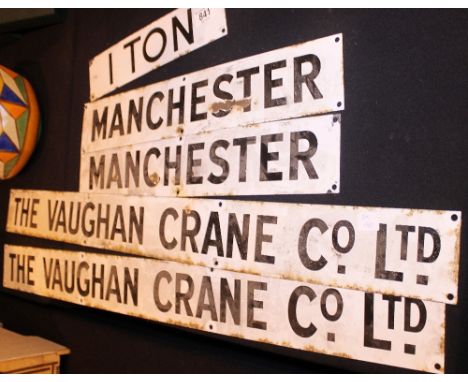 ENAMEL SIGNS. Five original metal and enamel signs, largest W: 91,5 cm