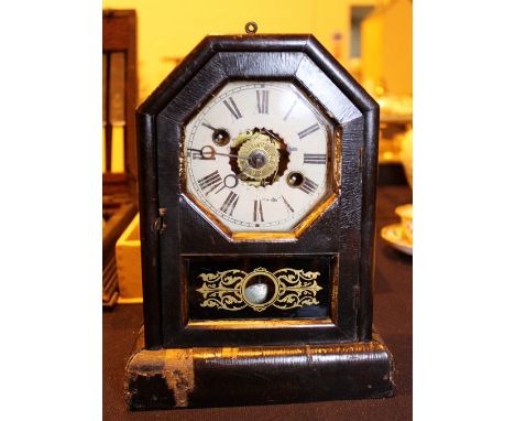 MANTEL CLOCK. Antique chiming wood cased mantel clock and alarm with key, working at lotting up, H: 24 cm