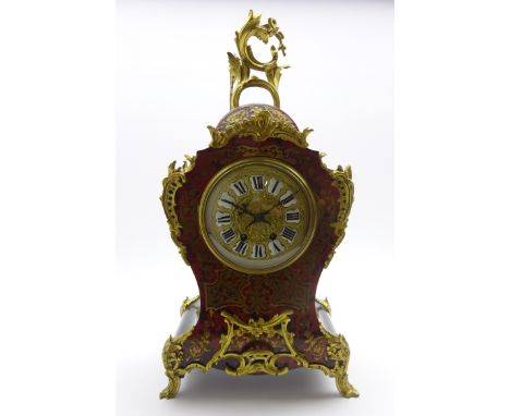 Large late 19th century Louis XV style simulated boulle work mantel clock, cartouche shaped form with moulded scrolling gilt 