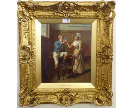 Talbot Hughes (British 1869-1942): Lighting the Gentleman's Pipe, oil on board signed and dated 1890, 32cm x 27cmProvenance: 