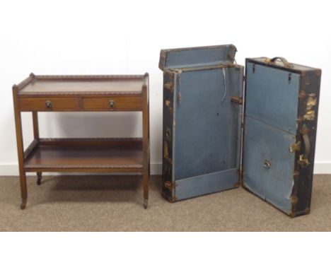 Edwardian mahogany two tier serving trolley with two drawers (W75cm, H75cm, D42cm), and an early 20th century vintage travell