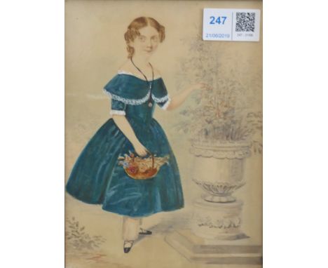 Unsigned watercolour and pencil portrait of a young lady wearing a green dress standing in a garden 19 x 14cms