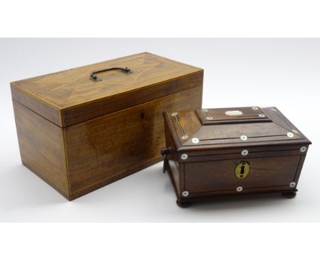 Sheraton period mahogany tea caddy, hinged lid with segmented veneers with lozenge inlay, boxwood and ebony stringing, stripe