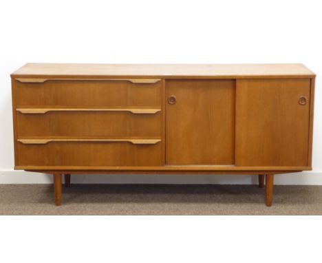 1960s Danish teak sideboard, three drawers and two sliding doors enclosing shelf, Danish Furniture Control sticker to drawer,