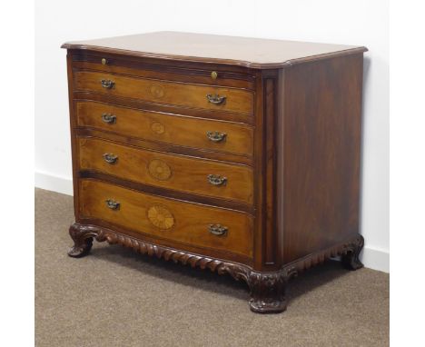 Georgian style walnut serpentine chest, moulded top inlaid with fan motifs, brushing slide above four graduating drawers, gar