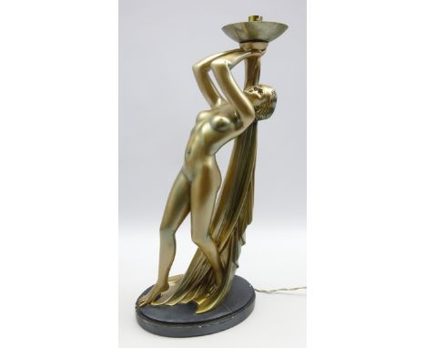 Large Art Deco gilded chalk ware table lamp in the form of a nude lady signed G. Leonarde, H52cm  Condition Report & Further 